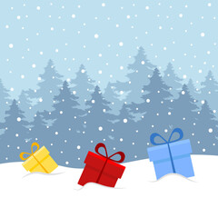 Three colorful gift boxes on the snow. Nature background winter forest landscape with presents. Vector illustration. Flat design