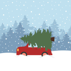Red car with pine tree on the snowy winter background, snowflakes, forest trees. Side view. Vector illustration in flat cartoon style