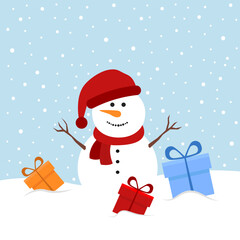 Snowman with gifts on winter snowy background. Flat design. Vector illustration