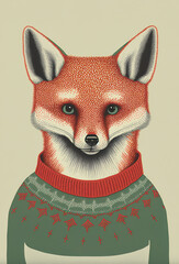 Red Fox wearing a Christmas sweater, green xmas sweater, red fox clothed for the celebration, season, winter, Christmas, greetings, card, illustration, digital