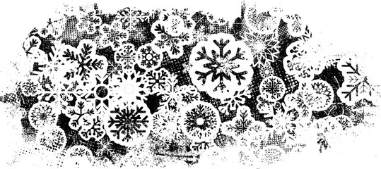 Grunge texture with snowflakes. Useful for social media, banners, Christmas cards, brochures, templates. Overlay texture made with snow flakes and halftone dots. Vector