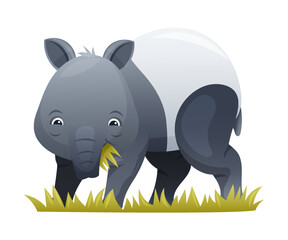 Cute Malayan Tapir Chewing Grass as Asian Animal with White Patch and Short Nose Trunk Vector Illustration