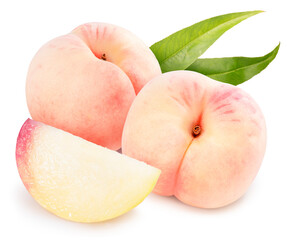 Fragrant and Sweet White Peach fruit with leaf isolated on white background, Fresh White Peach on White Background With work path.