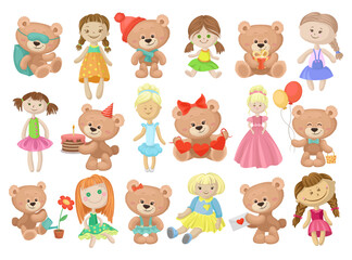 Cute Doll in Dress and Teddy Bear Toys as Kids Playroom Objects Big Vector Set