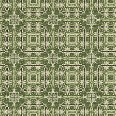Mosaic geometric green seamless texture pattern. Trendy kaleidoscope woven design for printed fabric. Rough abstract textile design. 