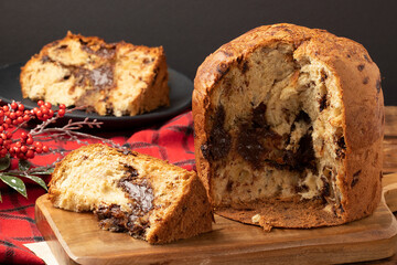 Delicious panettone stuffed with chocolate. Selective focus.