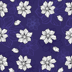 Vector trendy seamless pattern of luxury dahlia flowers and trendy botanical elements black and white on violet background. Hand drawn line leaves and blooming. Elegant flowers for wallpaper, textile 