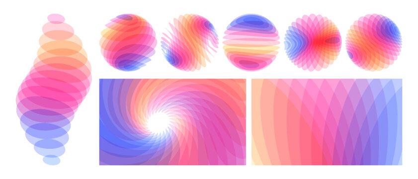 Set of various overlapping elements. Sphere. Wavy background with dynamic effect. Rotation and swirling movement. Modern screen design for mobile app and web. 3d vector illustration.