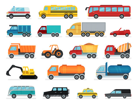 Cars, Truck, Bus and Heavy Machinery on the Road as Wheeled Motor Vehicle Used for Transportation Big Vector Set