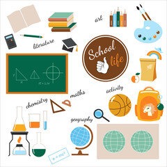 A set of items for studying at school isolated on a white background. Lessons of mathematics, literature, chemistry, geography, recreation and sports