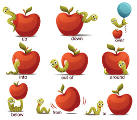 Red Apple with Green Worm as English Preposition Words Vector Set