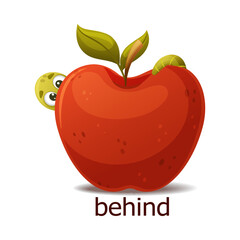 Cute Green Worm Hiding Behind Red Apple as English Preposition Word Vector Illustration