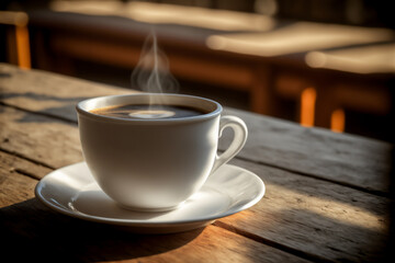Fototapeta premium Hot coffee in a white mug laying on the sack.