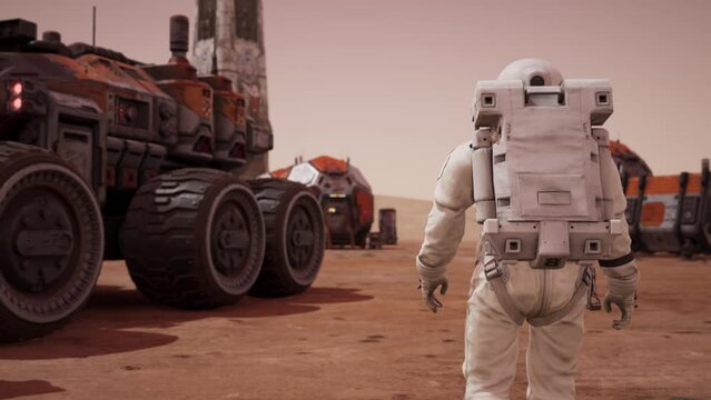 Astronaut Walks, Alien Planet, Mars, Transport Vehicles 3D Animations Rendering CGI 4K