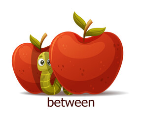 Cute Green Worm Between Red Apple as English Preposition Word Vector Illustration