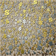 Gold and silver dollar signs. Abstract background with color dollar sign. Money background. Dollar abstract pattern. Great for scrapbook, gift wrapping paper. Template. Print texture, textile pattern