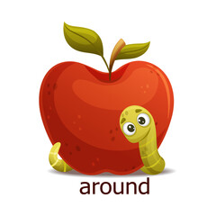 Cute Green Worm Around Red Apple as English Preposition Word Vector Illustration