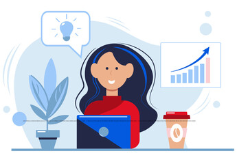 Girl with laptop and coffee in the office 