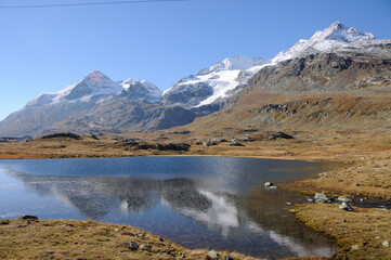 Switzerland: The Upper Engadin mountain region with the glacier lake Lago Bianco