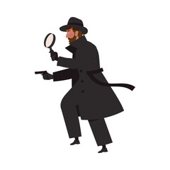 Detective or Spy in Black Coat and Hat Aiming with Gun Holding Magnifying Glass Vector Illustration