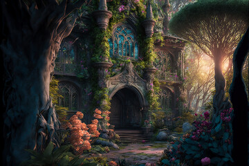 AI generated artwork of a large elfish castle in the forest. Fairy-tale castle	
