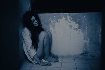 Portrait of asian woman make up ghost,Scary horror scene for background,Halloween festival...