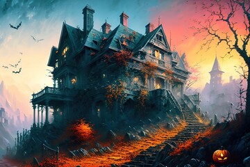 2139014180-mdjrny-v4 style Old stone staircase in celebration of Halloween on background of 4k__ ### frame, border, ugly, fat, o 