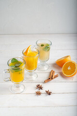 Fruit warming healthy tea from citrus, mint and ginger. Three different organic fortified teas