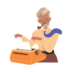 Senior Man Writer at Typewriter Smoking Pipe Engaged in Writing Process Creating Plot Vector Illustration