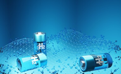 Visualization of hydrogen as the fuel of the battery of the future. 3d render