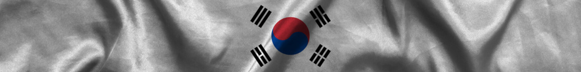 Elongated national flag of South Korea, with a fabric texture fluttering in the wind. South Korean flag for website design. 3d illustration