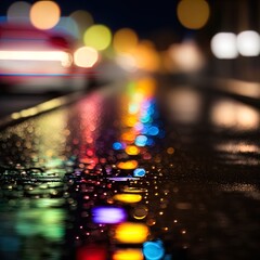 Defocused background of lights and reflections on a road. 