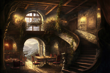 AI generated image of a medieval tavern somewhere in Europe	
 - obrazy, fototapety, plakaty