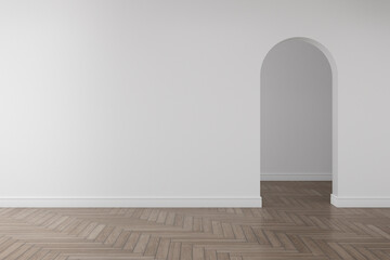 Empty white arch wall with white skirting board on wooden floor. 3d rendering of interior living room