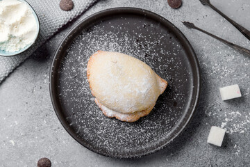 juicer with cottage cheese on grey table top view