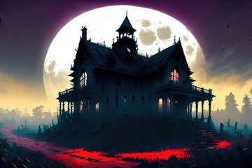 Obraz premium 2159430623-mdjrny-v4 style Cemetery in a foggy full moon night ### frame, border, ugly, fat, overweight, (long neck), bad qualit 