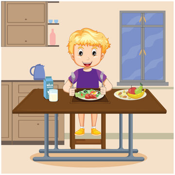 Cute cartoon happy boy eating Healthy Fruits vector illustration