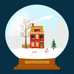 Magic snow globe on a blue background. Crystal ball with trees and a house, with a snowy Christmas tree, falling snow, mountains, a snowman and a sleigh. Festive design for postcard, poster, website.