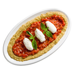 babaganoush dish on wooden table, eggplant paste with cheese and tomato paste isolated on white background top view
