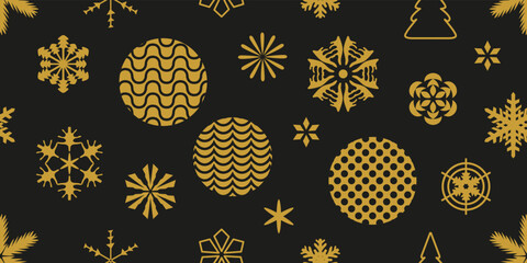 Black seamless Xmas pattern with golden snowflakes. Template for cards and wrapping paper. - 551584382