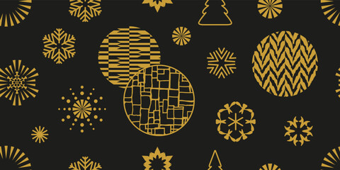 Black seamless Christmas pattern with golden snowflakes. Template for cards and wrapping paper. - 551584384