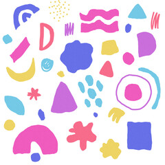 abstract hand drawn pattern with a set of objects in bright colors. Spots, lines and dots. print for textile or cover.