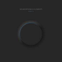 Round black button in Neumorphic style with blue backlight. User interface design elements. Vector illustration.