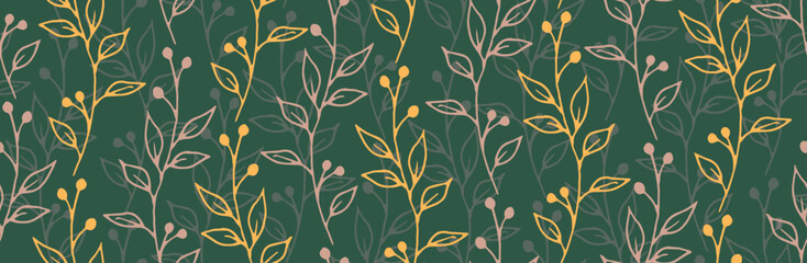 Berry bush branches organic vector seamless ornament. Ornate floral fabric print. Garden plants leaves and buds wallpaper. Berry bush sprigs summer repeating ornament