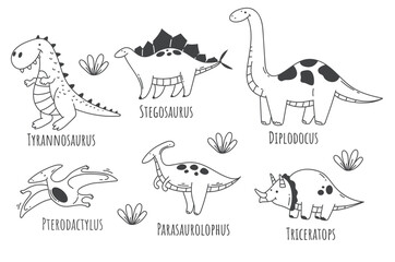 Dinosaurs animal type name line art concept vector design graphic illustration element © Irina