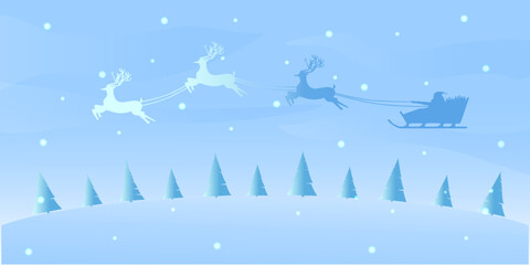 Christmas background. winter forest silhouette. Minimalistic winter landscape on a blue background. Santa Claus rides across the sky on reindeer.