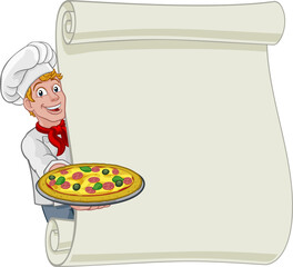 Pizza Chef Cartoon Man Scroll Menu Sign Background