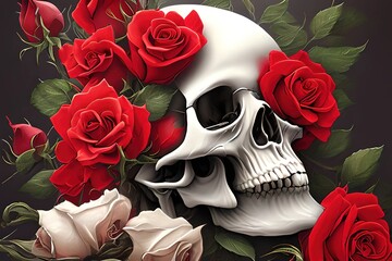 3795009592-mdjrny-v4 style human skull with red roses, clock, black raven 