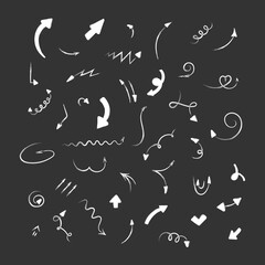 White chalked arrows and lines on the blackboard set. Hand drawing. Vector collection of school elements on chalkboard background