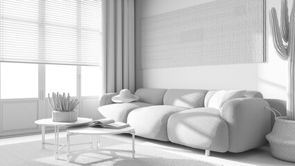 Total white project draft, modern wooden living and room. Fabric sofa, parquet floor, window and decors. Japandi interior design